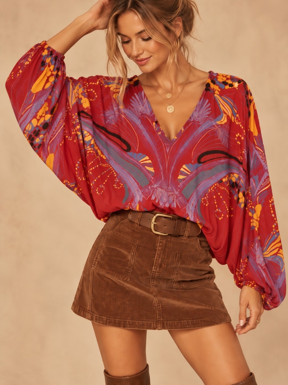 Free People XS Red Abstract Print Dolman Sleeve Boho Blouse EUC